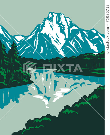 Jackson Hole Valley with the Peaks of Grand Teton National Park in Wyoming United States WPA Poster Art 75086712