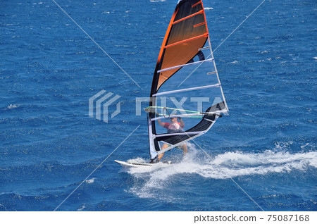 the windsurfer on the board under sail moves at a speed along the surface of the sea 75087168
