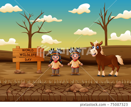 World Wildlife Day sign with children native Indian American 75087323