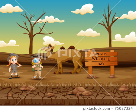 World Wildlife Day sign with the explorer boy and girl 75087324