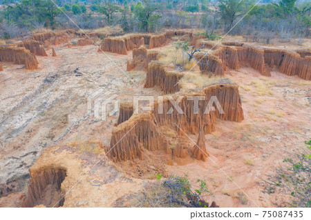 Aerial view of Lalu, Srakaew, Thailand. Dry rock reef. Nature landscape background. Grand Canyon of Thailand. 75087435