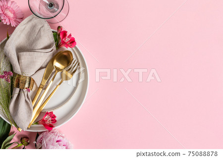 Elegant table setting with floral decor, flat lay Elegant table setting with floral decor, flat lay 75088878