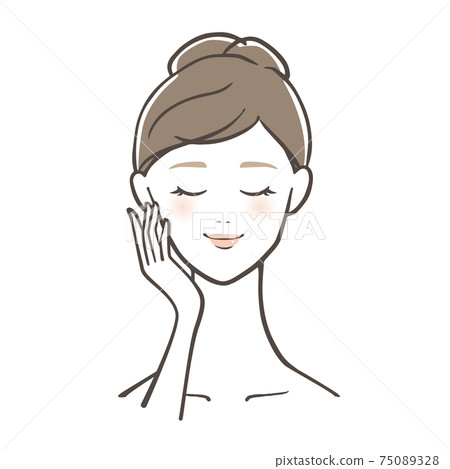 用一隻手撫摸臉頰的女人的臉的前部 75089328