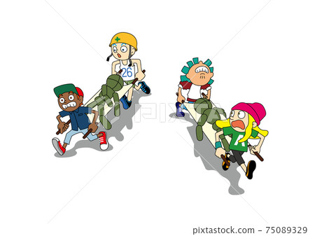 在災難演習中，孩子們在擔架上背著玩偶 75089329