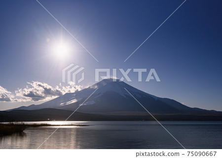 Lake Yamanaka in the evening, the setting sun and Mt. Fuji Lake Yamanaka in the evening, the setting sun and Mt. Fuji 75090667