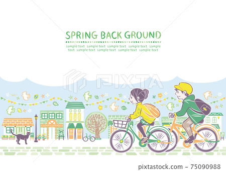 Men and women riding bicycles in a busy cityscape 75090988