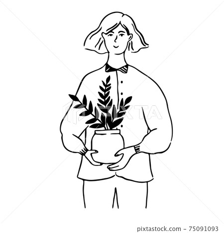 Woman holding pot with plant. Young female character, eco lifestyle concept illustration. Line doodle vector portrait 75091093