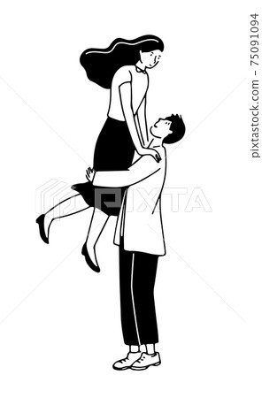 Romantic couple illustration. Man holding woman on hands. Happy young people. Black line doodle vector illustration. Romantic couple illustration. Man holding woman on hands. Happy young people. Black line doodle vector illustration. 75091094