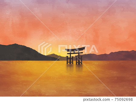 Aki no Miyajima sunset landscape watercolor painting 75092698