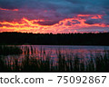 Red sunset with clouds over lake in forest in 75092867