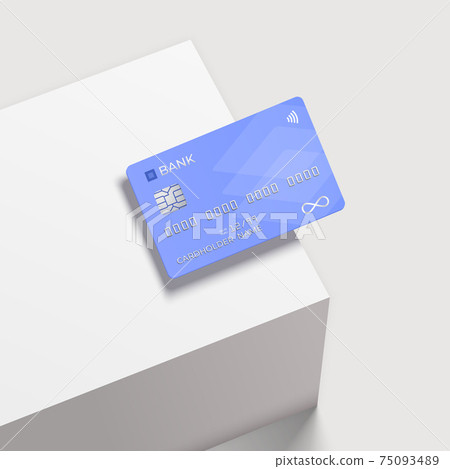 Bank card on a square white podium. Realistic mockup. Shopping discount plastic card. Template card for finance 75093489