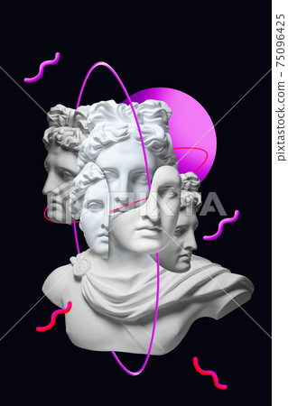 Modern conceptual art poster with ancient statue. Collage of contemporary art. 75096425