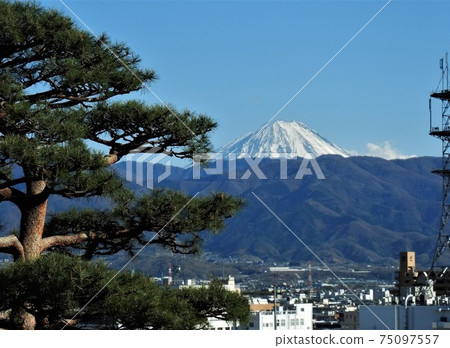 Mountain scenery in Japan: A distant view of Mt. Fuji and the city of Kofu as seen from Maizuru Castle (Kofu Castle Ruins) Park Mountain scenery in Japan: A distant view of Mt. Fuji and the city of Kofu as seen from Maizuru Castle (Kofu Castle Ruins) Park 75097557