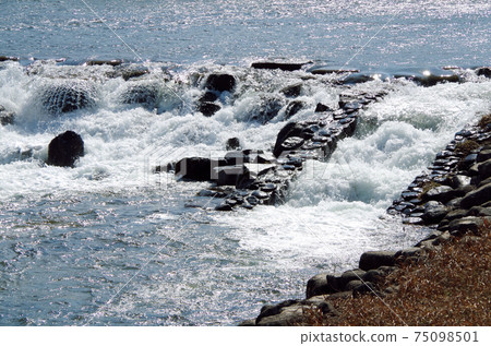 在堰堰的動態水流中看到的唯一且唯一的一種表達形式。...島根縣安來市Iinashi河（晴天） 75098501