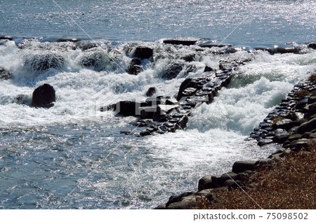 在堰堰的動態水流中看到的唯一且唯一的一種表達形式。...島根縣安來市Iinashi河（晴天） 75098502