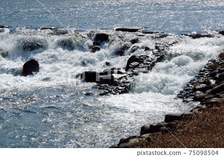 在堰堰的動態水流中看到的唯一且唯一的一種表達形式。...島根縣安來市Iinashi河（晴天） 75098504