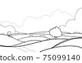 Line art, drawing of summer green fields with grass,trees, cloud and sky . background landscape.illustration vector. 75099140