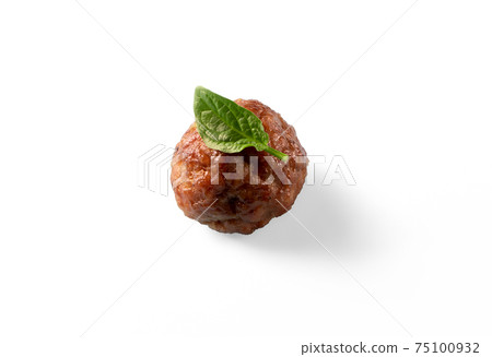 Beef meatballs with basil leaf isolated on white background. Delicious food, front view Beef meatballs with basil leaf isolated on white background. Delicious food, front view 75100932