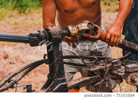 Tractor and cardan shaft for coupling equipment, tractor in the field during haymaking. 75101084
