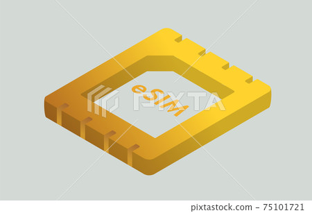 eSIM isometric yellow flat vector icon. Embedded-SIM chip sign card - mobile cellular global internet communications. Futuristic sim card projection isolated on white background  75101721