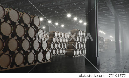 Barrels of wine, whiskey, bourbon liqueur or cognac in the basement. Aging of alcohol in oak barrels in warehouse. Wine, beer, whiskey casks stacked in a cellar, 3D illustration 75101772