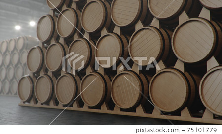 Barrels of wine, whiskey, bourbon liqueur or cognac in the basement. Aging of alcohol in oak barrels in warehouse. Wine, beer, whiskey casks stacked in a cellar, 3D illustration Barrels of wine, whiskey, bourbon liqueur or cognac in the basement. Aging of alcohol in oak barrels in warehouse. Wine, beer, whiskey casks stacked in a cellar, 3D illustration 75101779