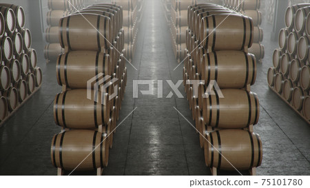 Barrels of wine, whiskey, bourbon liqueur or cognac in the basement. Aging of alcohol in oak barrels in warehouse. Wine, beer, whiskey casks stacked in a cellar, 3D illustration Barrels of wine, whiskey, bourbon liqueur or cognac in the basement. Aging of alcohol in oak barrels in warehouse. Wine, beer, whiskey casks stacked in a cellar, 3D illustration 75101780
