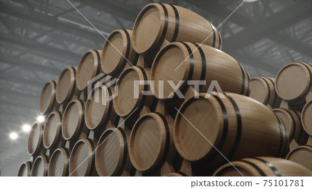 Barrels of wine, whiskey, bourbon liqueur or cognac in the basement. Aging of alcohol in oak barrels in warehouse. Wine, beer, whiskey casks stacked in a cellar, 3D illustration Barrels of wine, whiskey, bourbon liqueur or cognac in the basement. Aging of alcohol in oak barrels in warehouse. Wine, beer, whiskey casks stacked in a cellar, 3D illustration 75101781