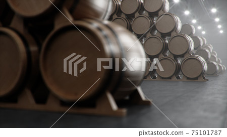 Barrels of wine, whiskey, bourbon liqueur or cognac in the basement. Aging of alcohol in oak barrels in warehouse. Wine, beer, whiskey casks stacked in a cellar, 3D illustration Barrels of wine, whiskey, bourbon liqueur or cognac in the basement. Aging of alcohol in oak barrels in warehouse. Wine, beer, whiskey casks stacked in a cellar, 3D illustration 75101787