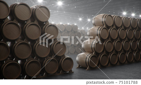 Barrels of wine, whiskey, bourbon liqueur or cognac in the basement. Aging of alcohol in oak barrels in warehouse. Wine, beer, whiskey casks stacked in a cellar, 3D illustration 75101788