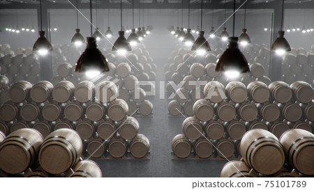 Barrels of wine, whiskey, bourbon liqueur or cognac in the basement. Aging of alcohol in oak barrels in warehouse. Wine, beer, whiskey casks stacked in a cellar, 3D illustration Barrels of wine, whiskey, bourbon liqueur or cognac in the basement. Aging of alcohol in oak barrels in warehouse. Wine, beer, whiskey casks stacked in a cellar, 3D illustration 75101789
