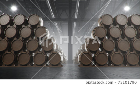 Barrels of wine, whiskey, bourbon liqueur or cognac in the basement. Aging of alcohol in oak barrels in warehouse. Wine, beer, whiskey casks stacked in a cellar, 3D illustration Barrels of wine, whiskey, bourbon liqueur or cognac in the basement. Aging of alcohol in oak barrels in warehouse. Wine, beer, whiskey casks stacked in a cellar, 3D illustration 75101790