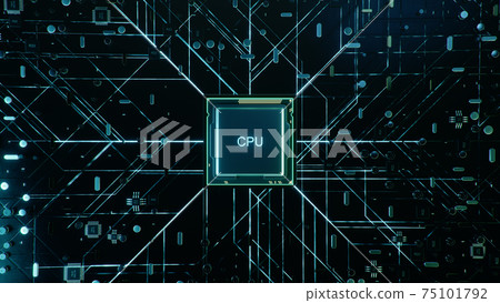 Technological background with CPU and circuit board. Flying CPU and installation in center circuit board. Neural Networking concept. Moving data transmission along lines circuit board, 3D illustration Technological background with CPU and circuit board. Flying CPU and installation in center circuit board. Neural Networking concept. Moving data transmission along lines circuit board, 3D illustration 75101792