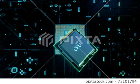 Technological background with CPU and circuit board. Flying CPU and installation in center circuit board. Neural Networking concept. Moving data transmission along lines circuit board, 3D illustration Technological background with CPU and circuit board. Flying CPU and installation in center circuit board. Neural Networking concept. Moving data transmission along lines circuit board, 3D illustration 75101794