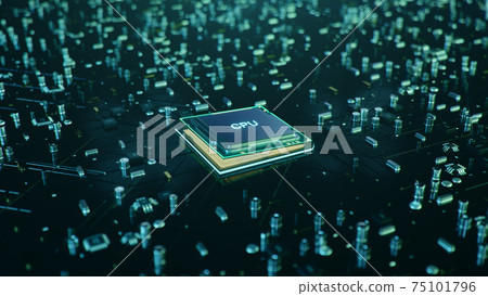 Technological background with CPU and circuit board. Flying CPU and installation in center circuit board. Neural Networking concept. Moving data transmission along lines circuit board, 3D illustration Technological background with CPU and circuit board. Flying CPU and installation in center circuit board. Neural Networking concept. Moving data transmission along lines circuit board, 3D illustration 75101796