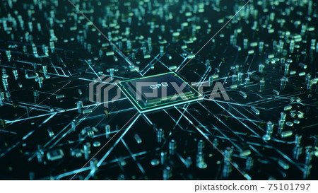 Technological background with CPU and circuit board. Flying CPU and installation in center circuit board. Neural Networking concept. Moving data transmission along lines circuit board, 3D illustration Technological background with CPU and circuit board. Flying CPU and installation in center circuit board. Neural Networking concept. Moving data transmission along lines circuit board, 3D illustration 75101797