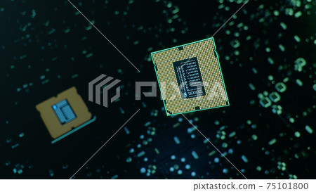 Technological background with CPU and circuit board. Flying CPU and installation in center circuit board. Neural Networking concept. Moving data transmission along lines circuit board, 3D illustration Technological background with CPU and circuit board. Flying CPU and installation in center circuit board. Neural Networking concept. Moving data transmission along lines circuit board, 3D illustration 75101800
