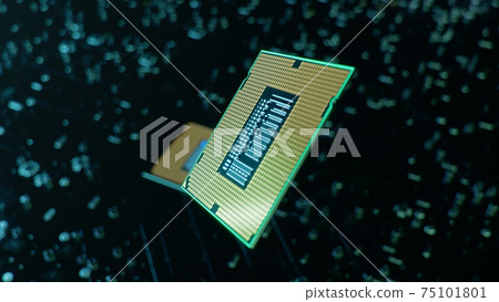 Technological background with CPU and circuit board. Flying CPU and installation in center circuit board. Neural Networking concept. Moving data transmission along lines circuit board, 3D illustration Technological background with CPU and circuit board. Flying CPU and installation in center circuit board. Neural Networking concept. Moving data transmission along lines circuit board, 3D illustration 75101801