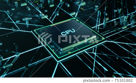 Technological background with CPU and circuit board. Flying CPU and installation in center circuit board. Neural Networking concept. Moving data transmission along lines circuit board, 3D illustration Technological background with CPU and circuit board. Flying CPU and installation in center circuit board. Neural Networking concept. Moving data transmission along lines circuit board, 3D illustration 75101802