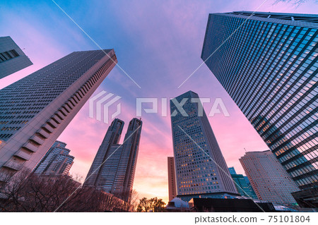 日本 新宿子中心的東京都市風景 夕陽下閃耀的東京都政府大廈的景色 照片素材 圖片 圖庫