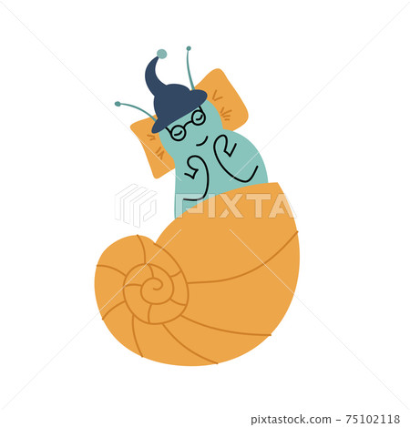 Good morning. The snail sleeps on a pillow. Children cartoon style vector illustration Good morning. The snail sleeps on a pillow. Children cartoon style vector illustration 75102118