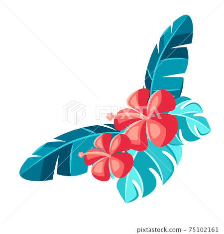 Decorative element with hibiscus flowers and palm leaves. 75102161