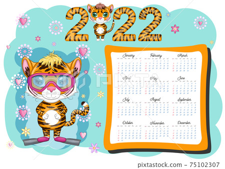 Calendar 2022. Tiger - a symbol of the new year, Cartoon tiger. Chinese horoscope calendar, horizontal A4 format, calendar for 12 months. Week starts on Sunday. Calendar 2022. Tiger - a symbol of the new year, Cartoon tiger. Chinese horoscope calendar, horizontal A4 format, calendar for 12 months. Week starts on Sunday. 75102307