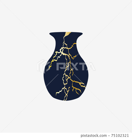 Repaired Japan vase kintsugi art color sketch engraving illustration. Scratch board style imitation. 75102321