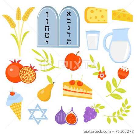 Shavuot icons set, flat style. Collection design elements on the Jewish holiday Shavuot with milk, fruit, torus, , wheat. Isolated on white background. Vector illustration, clip-art 75103277