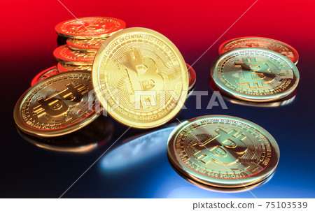 Cryptocurrency Bitcoin golden coins spilling on the table. 75103539