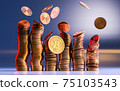 Cryptocurrency Bitcoin golden coins spilling on the table. 75103543