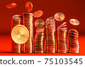 Cryptocurrency Bitcoin golden coins spilling on the table. 75103545