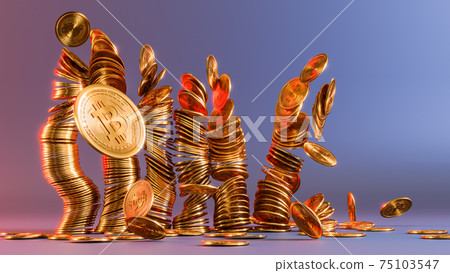 Cryptocurrency Bitcoin golden coins spilling on the table. 75103547