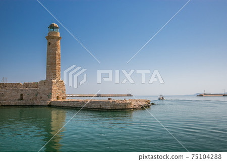harbor and lighthouse of the city of rethymno in in crete greece harbor and lighthouse of the city of rethymno in in crete greece 75104288